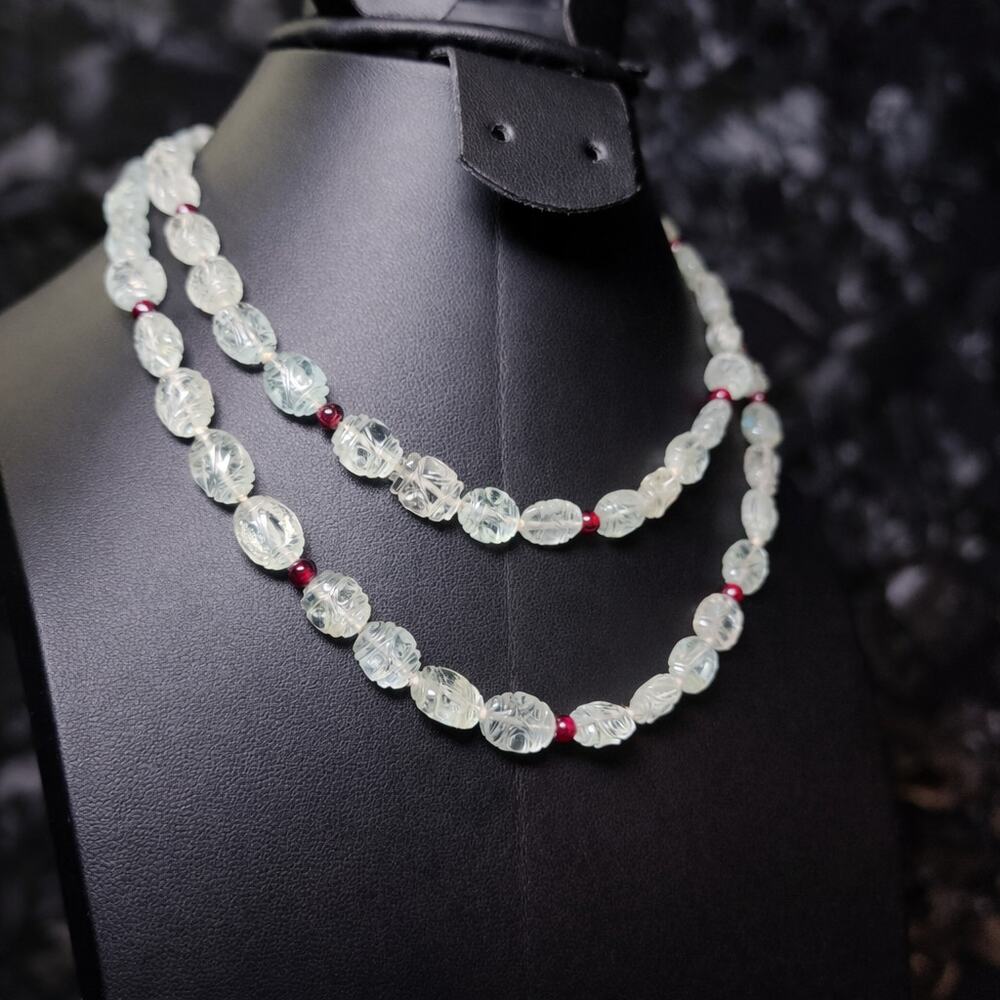 Vintage Carved Aquamarine Garnet Bead Necklace 14K Gold Clasp 29" Estate